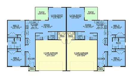Ranch, Traditional Multi-Family Plan 43988 with 4 Beds, 4 Baths, 4 Car Garage First Level Plan
