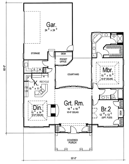 Florida, Mediterranean, One-Story, Southwest House Plan 44000 with 2 Beds, 2 Baths, 2 Car Garage First Level Plan