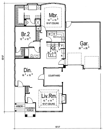 Florida, Mediterranean, One-Story, Southwest House Plan 44020 with 2 Beds, 2 Baths, 2 Car Garage First Level Plan