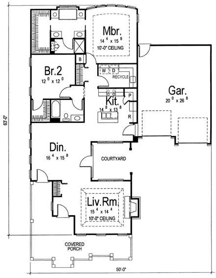 Florida, Mediterranean, One-Story, Southwest House Plan 44022 with 2 Beds, 2 Baths, 2 Car Garage First Level Plan