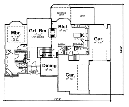 European House Plan 44039 with 4 Beds, 4 Baths, 3 Car Garage First Level Plan