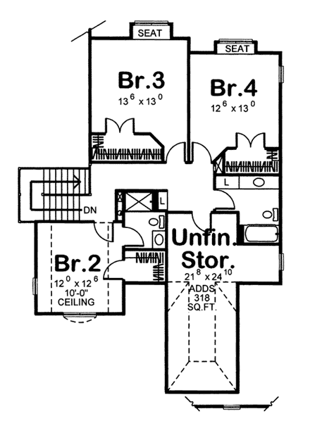 European House Plan 44039 with 4 Beds, 4 Baths, 3 Car Garage Second Level Plan