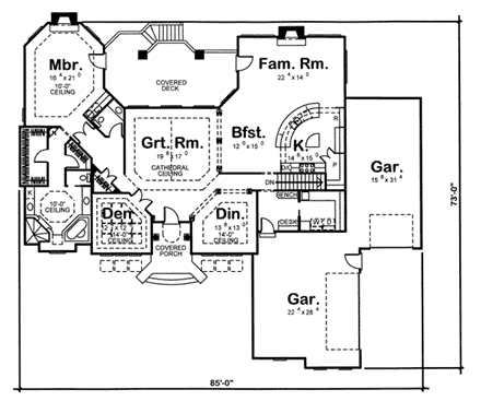Florida, Mediterranean, One-Story, Southwest House Plan 44042 with 1 Beds, 2 Baths, 3 Car Garage First Level Plan