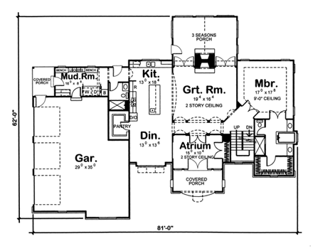 European House Plan 44072 with 5 Beds, 4 Baths, 3 Car Garage First Level Plan