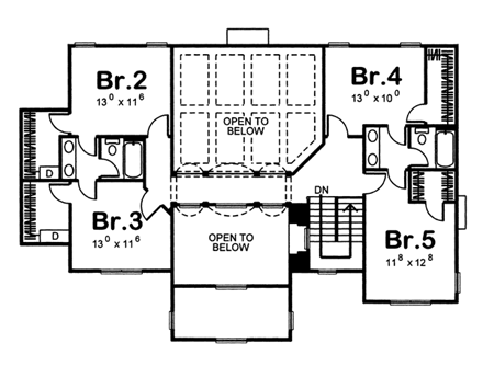 European House Plan 44072 with 5 Beds, 4 Baths, 3 Car Garage Second Level Plan