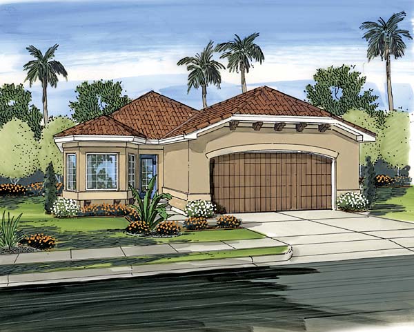 Florida, Mediterranean, Narrow Lot, One-Story, Southwest House Plan 44090 with 3 Beds, 2 Baths, 2 Car Garage Elevation