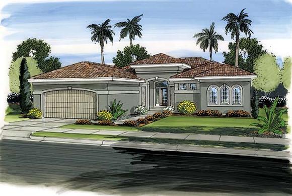 Florida, Mediterranean, One-Story, Southwest House Plan 44091 with 3 Beds, 2 Baths, 2 Car Garage Elevation