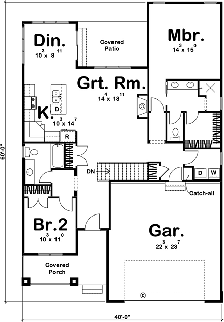 Bungalow, Cottage, Craftsman House Plan 44175 with 2 Beds, 2 Baths, 2 Car Garage First Level Plan