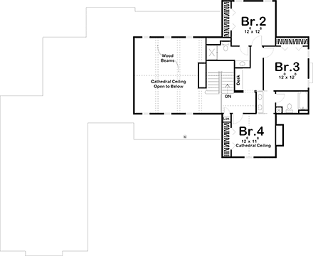 Farmhouse House Plan 44189 with 4 Beds, 4 Baths, 3 Car Garage Second Level Plan