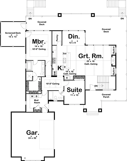 Craftsman House Plan 44191 with 2 Beds, 2 Baths, 2 Car Garage First Level Plan