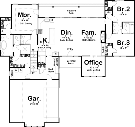 Farmhouse House Plan 44195 with 3 Beds, 3 Baths, 2 Car Garage First Level Plan