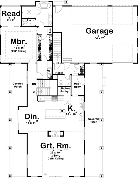 Farmhouse House Plan 44196 with 4 Beds, 4 Baths, 3 Car Garage First Level Plan