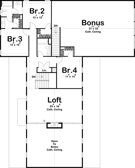 Farmhouse House Plan 44196 with 4 Beds, 4 Baths, 3 Car Garage Second Level Plan