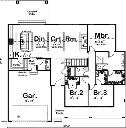 Farmhouse, Ranch, Traditional House Plan 44200 with 3 Beds, 2 Baths, 2 Car Garage First Level Plan