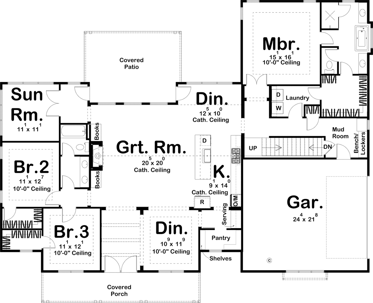 Farmhouse House Plan 44204 with 3 Beds, 2 Baths, 2 Car Garage Level One