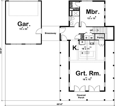 Cottage, Farmhouse House Plan 44206 with 2 Beds, 2 Baths, 2 Car Garage First Level Plan
