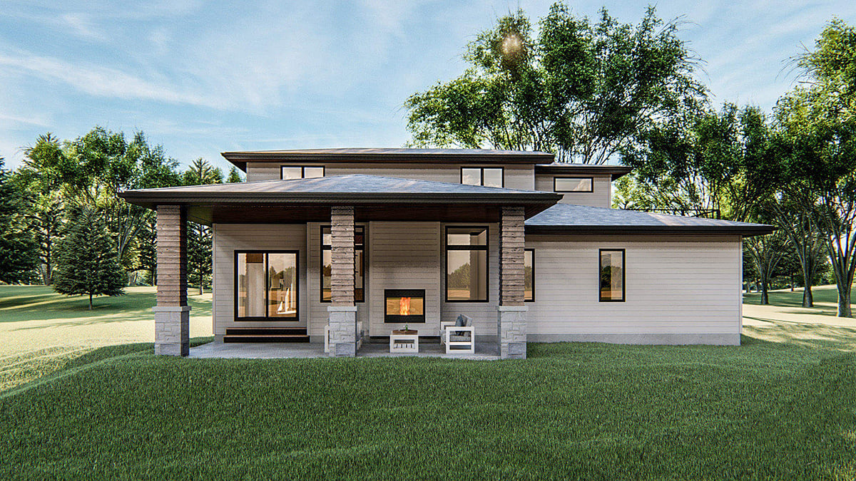 Contemporary, Modern House Plan 44207 with 4 Beds, 3 Baths, 2 Car Garage Rear Elevation