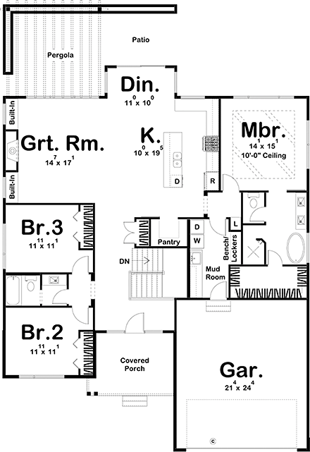 Contemporary, Modern House Plan 44210 with 3 Beds, 2 Baths, 2 Car Garage First Level Plan