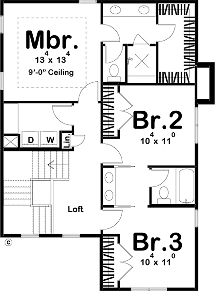 Farmhouse House Plan 44212 with 3 Beds, 3 Baths, 2 Car Garage Second Level Plan