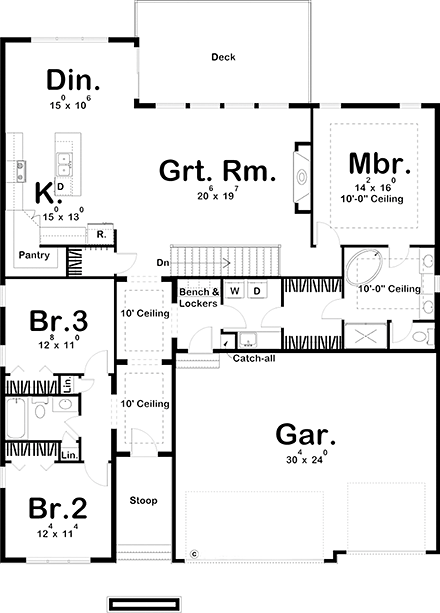 Contemporary, Modern, Retro House Plan 44218 with 3 Beds, 2 Baths, 3 Car Garage First Level Plan