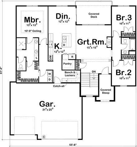 Mediterranean, Ranch House Plan 44219 with 3 Beds, 2 Baths, 3 Car Garage First Level Plan