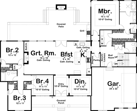 Farmhouse House Plan 44220 with 4 Beds, 3 Baths, 2 Car Garage First Level Plan