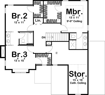 Farmhouse House Plan 44222 with 3 Beds, 3 Baths, 2 Car Garage Second Level Plan