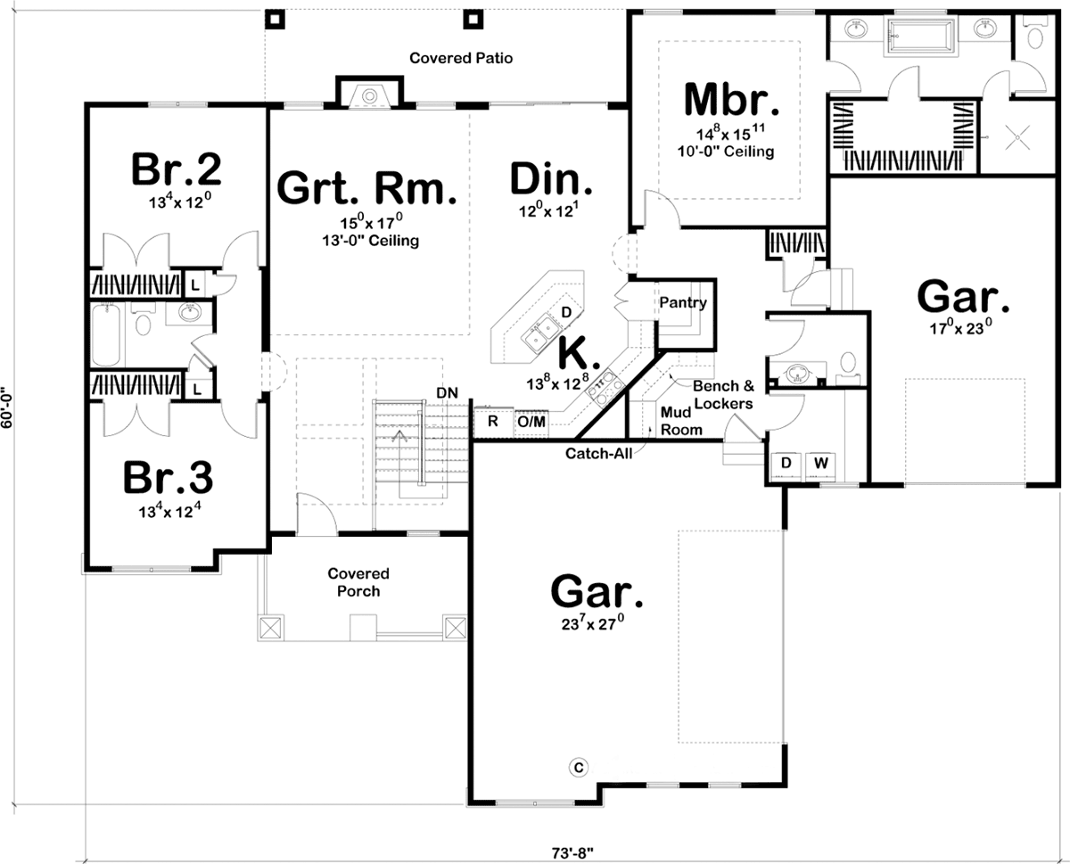 House Plan 44224 - Traditional Style with 2070 Sq Ft, 3 Bed, 2 Ba