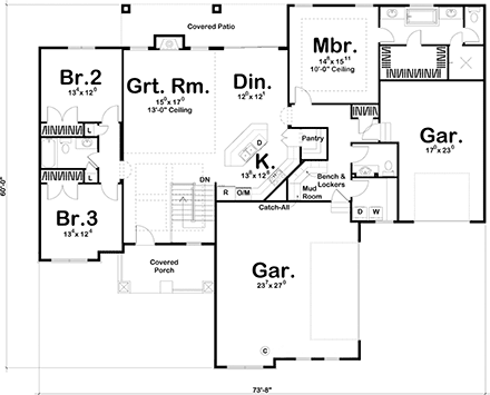 House Plan 44224 - Traditional Style with 2070 Sq Ft, 3 Bed, 2 Ba