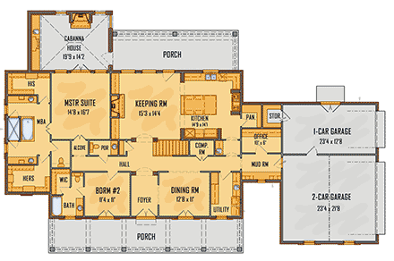 Country, Farmhouse, Southwest, Traditional House Plan 44304 with 4 Beds, 4 Baths, 3 Car Garage First Level Plan