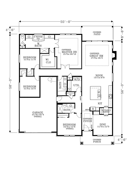 Craftsman, Ranch, Traditional House Plan 44409 with 4 Beds, 3 Baths, 2 Car Garage First Level Plan