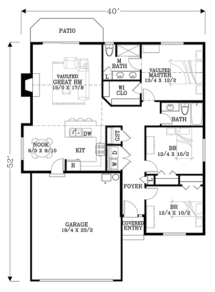 Ranch, Traditional House Plan 44512 with 3 Beds, 2 Baths, 2 Car Garage First Level Plan
