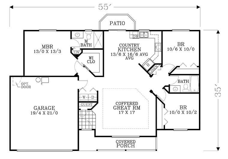 Ranch, Traditional House Plan 44516 with 3 Beds, 2 Baths, 2 Car Garage Level One