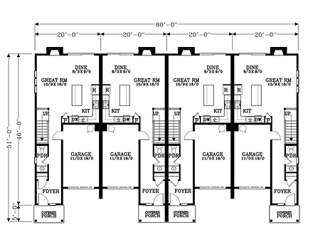 Multi-Family Plan 44637 with 12 Beds, 12 Baths, 4 Car Garage First Level Plan