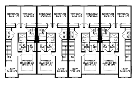 Multi-Family Plan 44637 with 12 Beds, 12 Baths, 4 Car Garage Second Level Plan