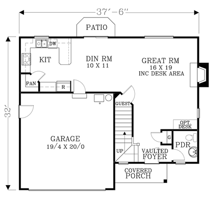 Craftsman, Traditional House Plan 44646 with 3 Beds, 3 Baths, 2 Car Garage First Level Plan