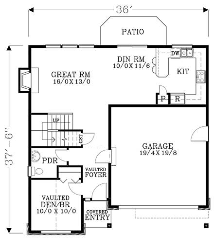 European, Traditional House Plan 44654, 2 Car Garage First Level Plan