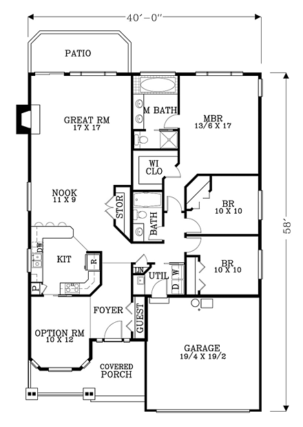Bungalow, Cabin, Cottage, Country, Craftsman, Traditional House Plan 44662 with 3 Beds, 2 Baths, 2 Car Garage First Level Plan
