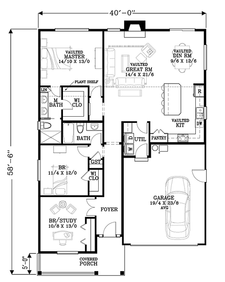 Craftsman, Ranch, Traditional House Plan 44671 with 3 Beds, 2 Baths, 2 Car Garage First Level Plan