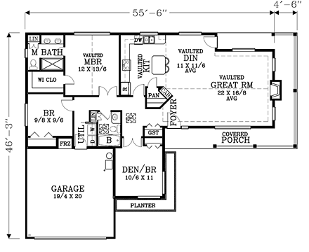 Country, Ranch, Traditional House Plan 44677 with 3 Beds, 2 Baths, 2 Car Garage First Level Plan