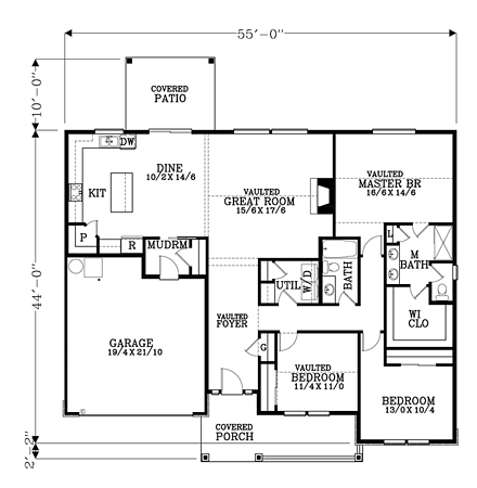 Cottage, Country, Craftsman, Ranch, Traditional House Plan 44688 with 3 Beds, 2 Baths, 2 Car Garage First Level Plan