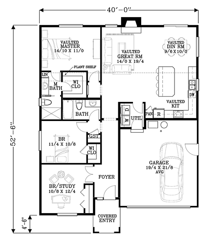 Ranch, Southern, Traditional House Plan 44691 with 3 Beds, 2 Baths, 2 Car Garage First Level Plan