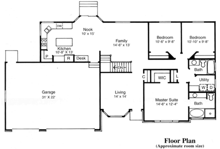 Ranch House Plan 44804 with 3 Beds, 2 Baths, 3 Car Garage First Level Plan
