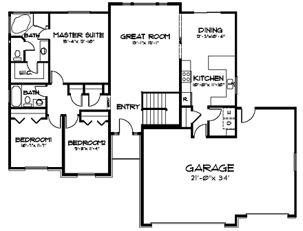 Ranch House Plan 44806 with 3 Beds, 2 Baths, 2 Car Garage First Level Plan