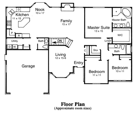 European House Plan 44812 with 3 Beds, 3 Baths, 2 Car Garage First Level Plan