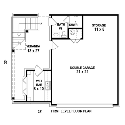 2 Car Garage Apartment Plan 44903 with 1 Beds, 2 Baths First Level Plan