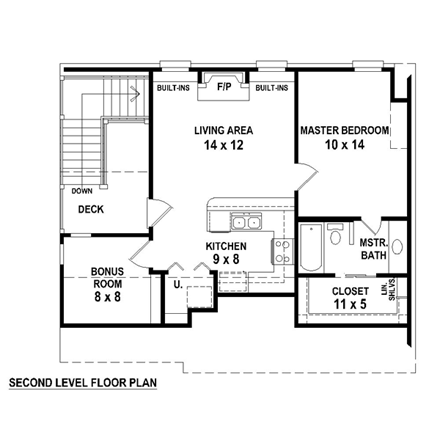 2 Car Garage Apartment Plan 44903 with 1 Beds, 2 Baths Second Level Plan
