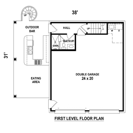 2 Car Garage Apartment Plan 44908 with 1 Beds, 2 Baths First Level Plan