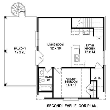 2 Car Garage Apartment Plan 44908 with 1 Beds, 2 Baths Second Level Plan