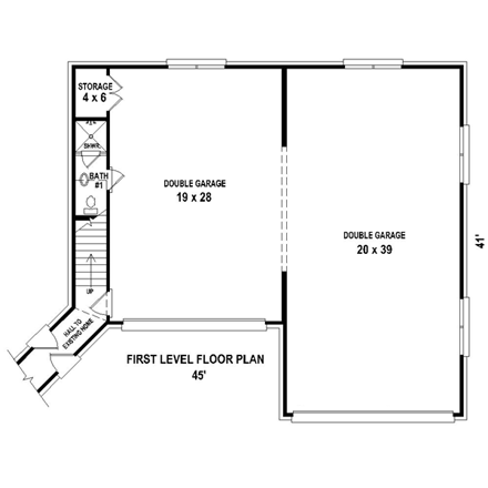 Traditional 6 Car Garage Apartment Plan 44914 with 1 Beds, 2 Baths First Level Plan